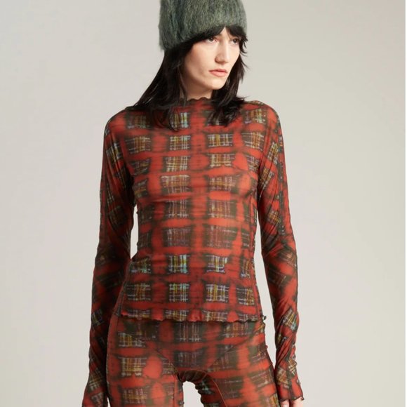 KNWLS HALCYON TOP ACID PLAID GINGER RED CHECK PRINTED JERSEY Small - Picture 2 of 5